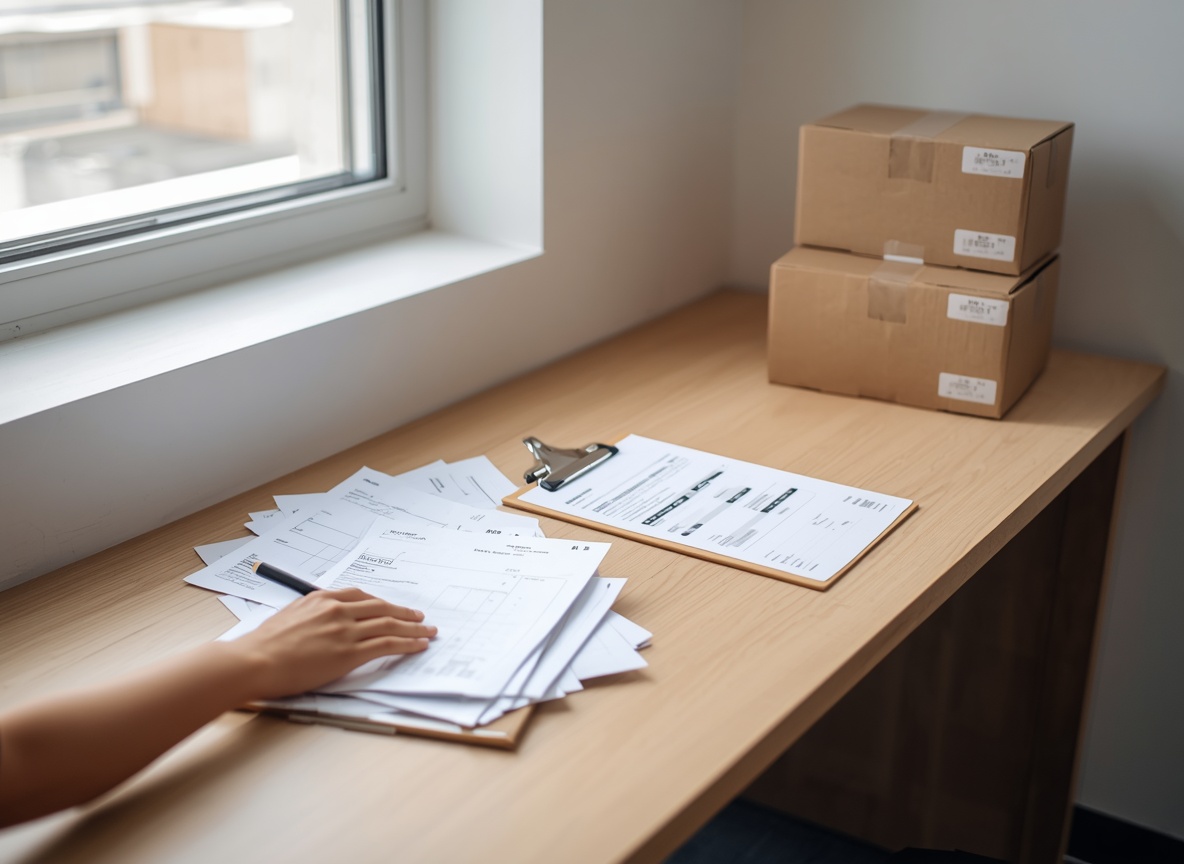 Purchasing professional comparing supplier documents and shipping cartons at a warehouse desk